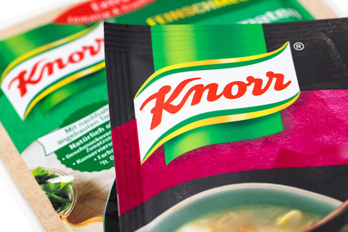Close up of Knorr logo on packaged product.
