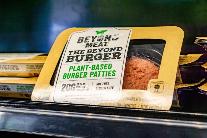 Beyond Meat Burger packages available for purchase in a Whole Foods store in San Francisco bay area.