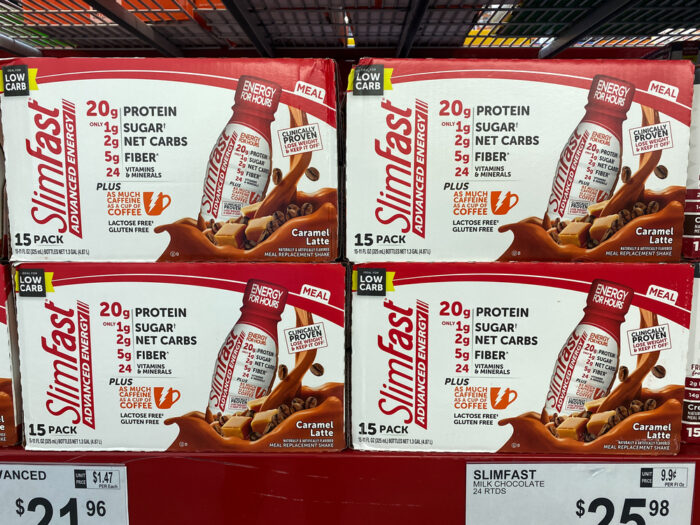 The Slimfast display waiting for customers to purchase at a Sams Club retail store.