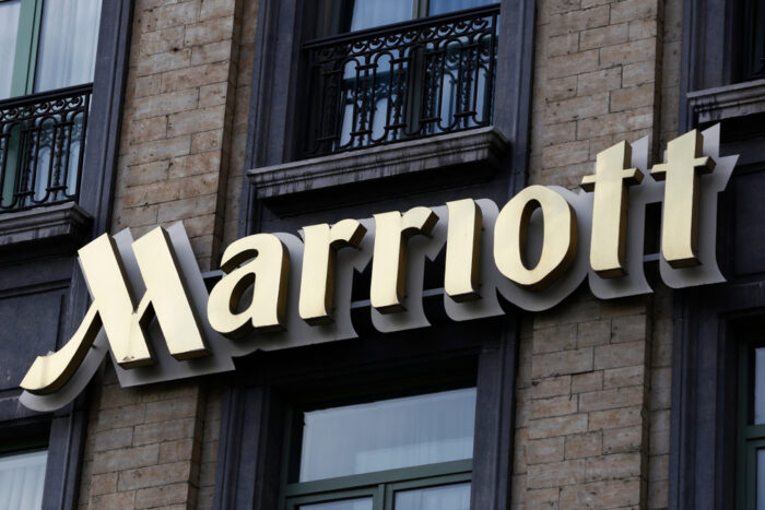 Close up of Marriott signage on a building.