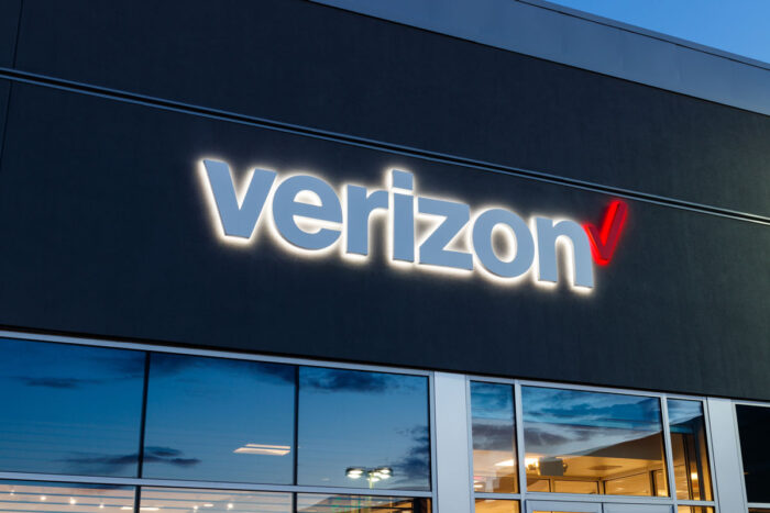 Close of up Verizon signage on exterior of a building.