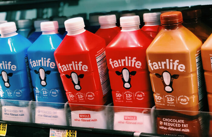 The Fairlife Milk brand and an array of it’s milks on a supermarket shelf.