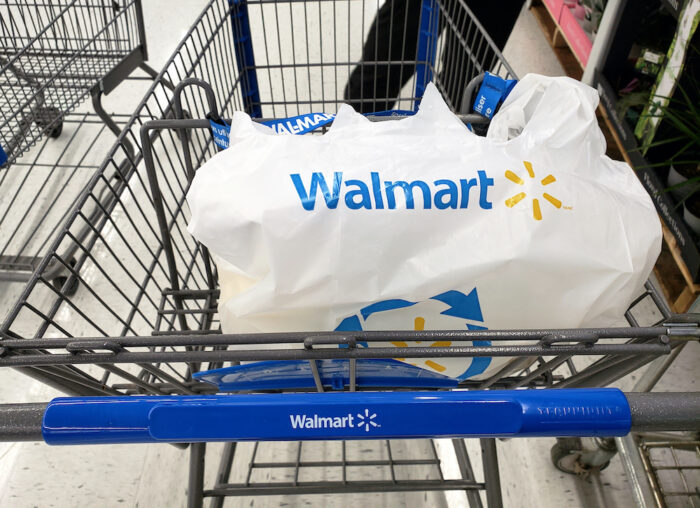 Branded Walmart shopping cart and bag in Walmart store - great value creamer