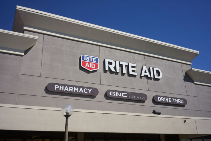 Close up of the Rite Aid sign seen at a Rite Aid pharmacy with drive thru service in Oregon City.