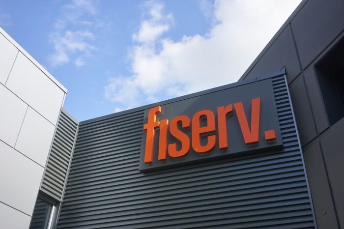 The Fiserv sign is seen at its office in Beaverton, Oregon. First Data Merchant Services settlement
