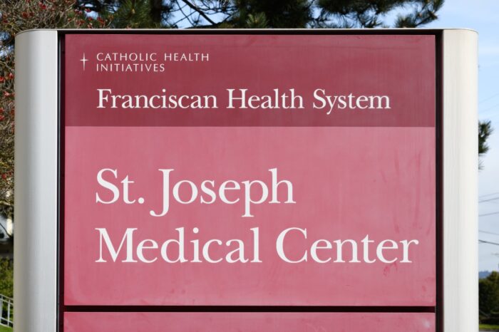 Sign for St Joseph Medical Center in Tacoma Washington. Franciscan Health System