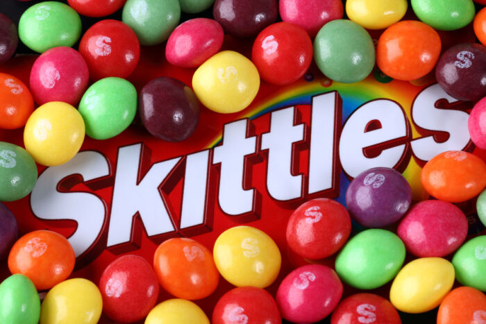 Close up of Skittles candy on Skittles logo - class action lawsuit