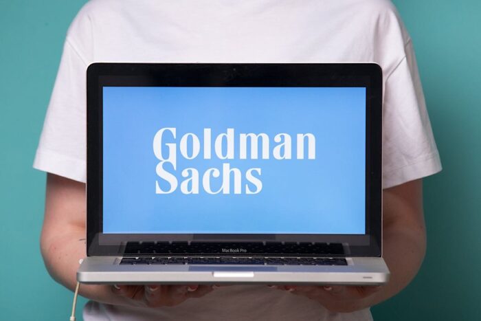 Goldman Sachs logo displayed on a laptop screen.