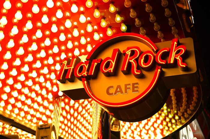 Close up of Hard Rock Cafe signage.