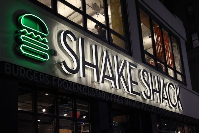 Close up of exterior Shake Shack signage in NYC.