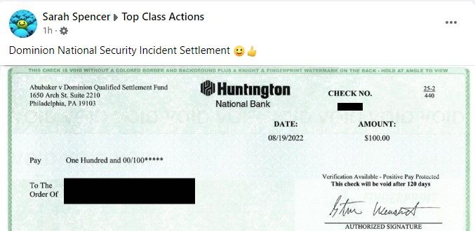Class Action Rebate Checks Mailed