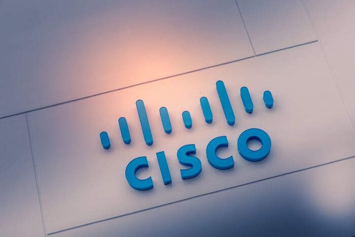 Close up of Cisco signage.