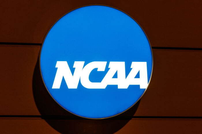 Close up of NCAA signage at their headquarters.