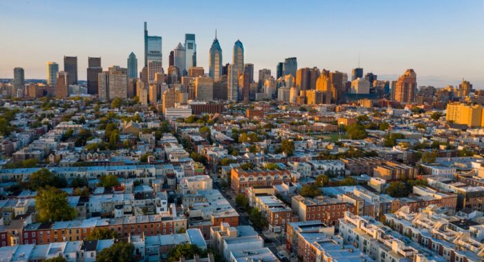Aerial view over the neighborhoods and streets of Philadelphia PA USA; Philadelphia foreclosure concept