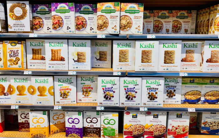Closeup of Kashi and other dry cereals inside a Whole Foods Market.