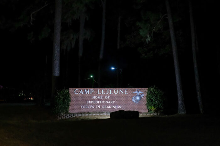 Camp Lejeune signage at night time.