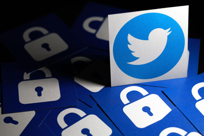 Twitter logo surrounded by lock symbols.