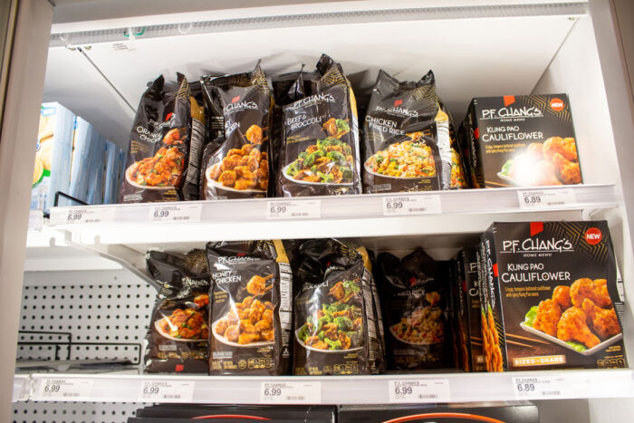 A view of a several packages of P.F. Chang's frozen appetizer products, on display at a local grocery store.