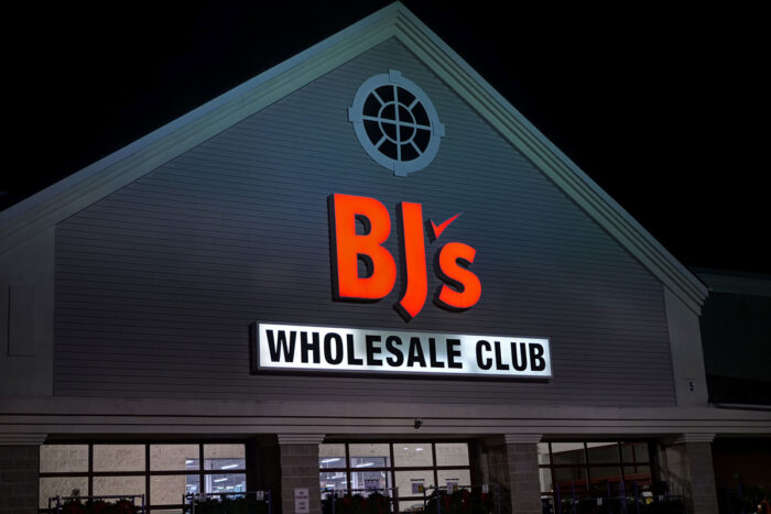 Exterior of BJ's wholesale club warehouse store, Revere Massachusetts USA.