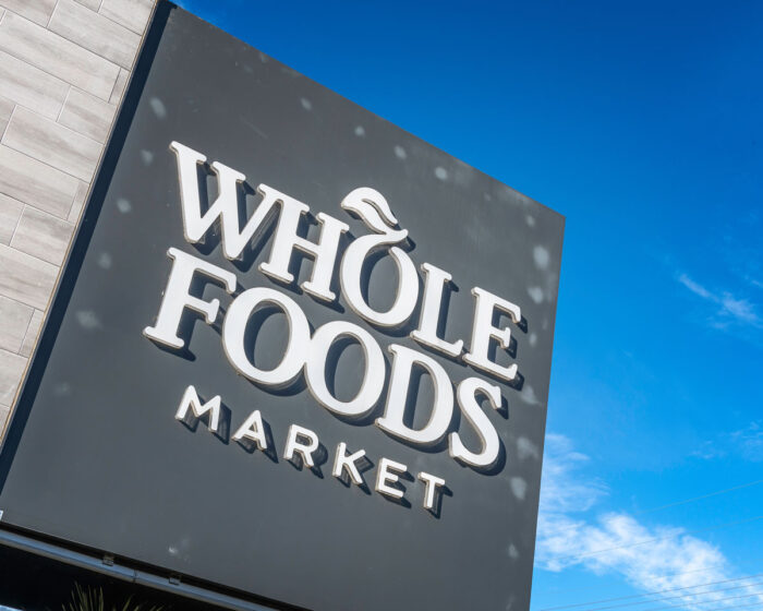Close-up of a Whole Foods Market sign in Burbank, CA.