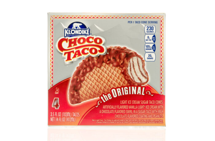 Box of Klondike choco taco ice cream on an isolated background.