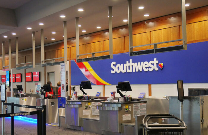 Check-in counters for Southwest Airlines at the T. F. Green Airport in Warwick, Kent County, Rhode Island.
