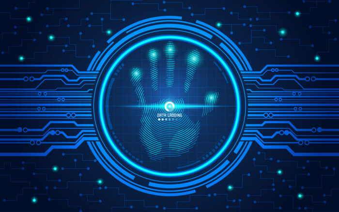 Hand scan in futuristic style, vector of handprint with technological theme, concept of cyber security.