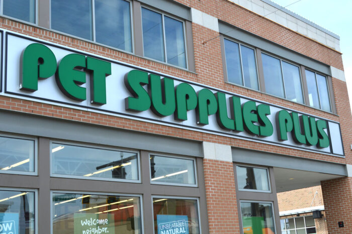 Close up of Pet Supplies Plus signage outside the store.