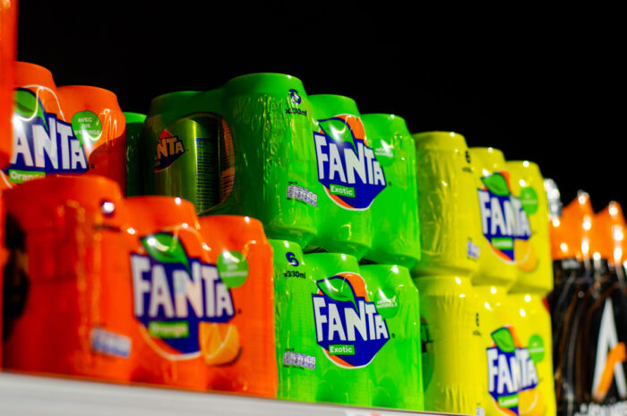 Fanta on row display for sale in the store.