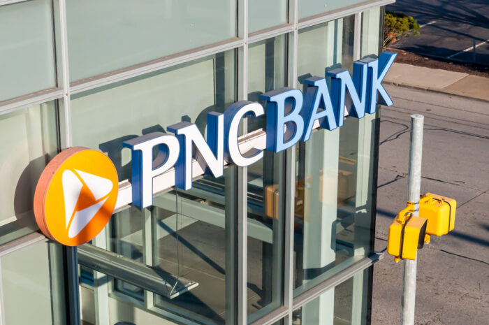 The PNC bank logo on the side of a building.