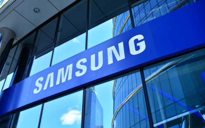 Close up of Samsung signage on exterior of a building.