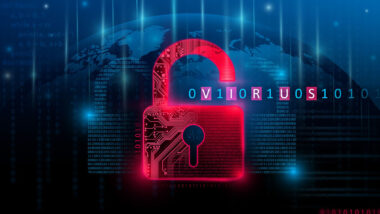 Security breach, system hacked alert with red broken padlock icon showing unsecure data under cyberattack.