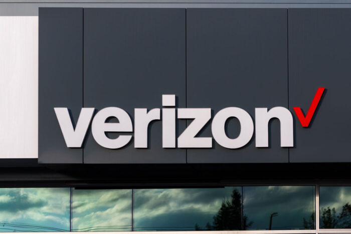 Close up of Verizon signage on exterior of a building.