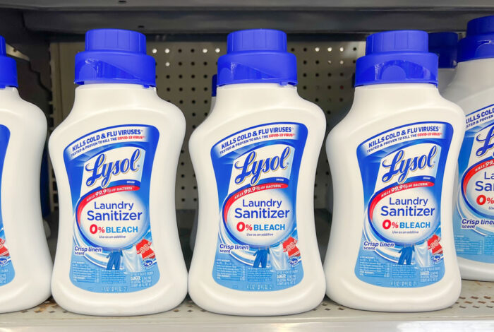 New Lysol Laundry Sanitizer bottles on the shelf in a supermarket.