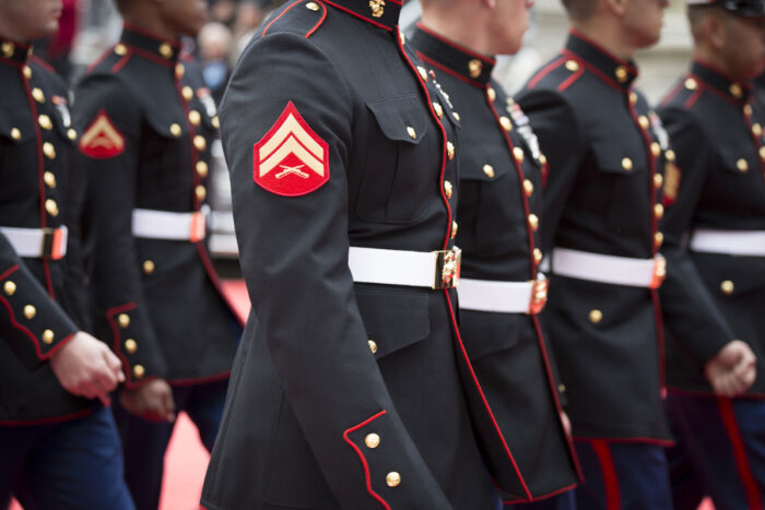 Close up of a Corporals patch as lines of U.S. Marine Corps personnel march in the annual Americas Parade up 5th Avenue on Veterans Day in Manhattan.