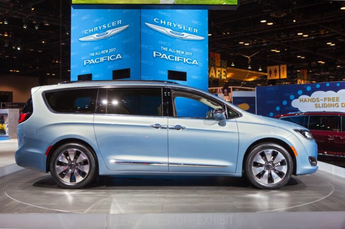 The 2017 Chrysler Pacifica on display at the Chicago Auto Show, representing the Pacifica stalling defect class action lawsuit settlement