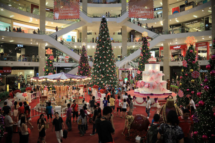 Inside a busy mall during the holiday season.
