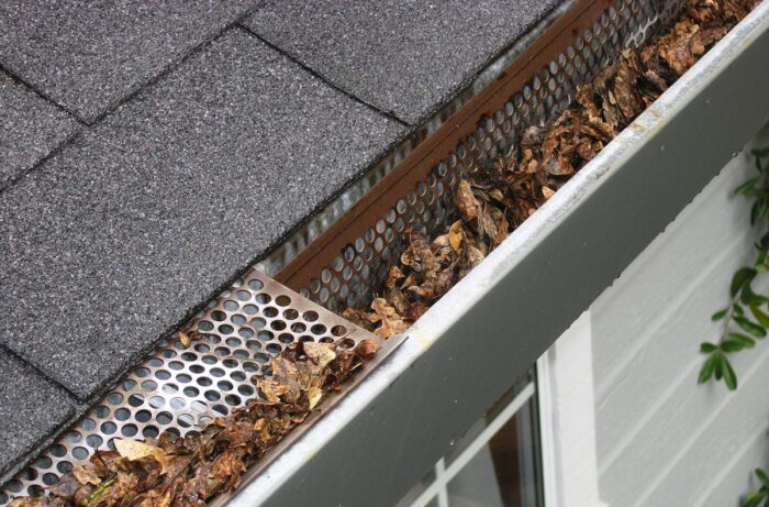 Close up of debris accumulating in residential rooftop gutter - leaffilter class action lawsuit settlement