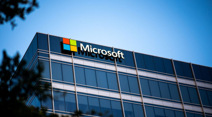 Microsoft building against a blue sky in Houston, Texas.