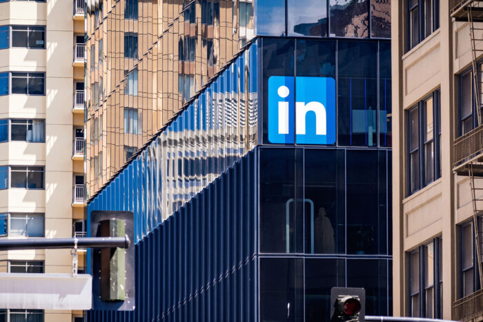 Large LinkedIn sign at the company's San Francisco offices.