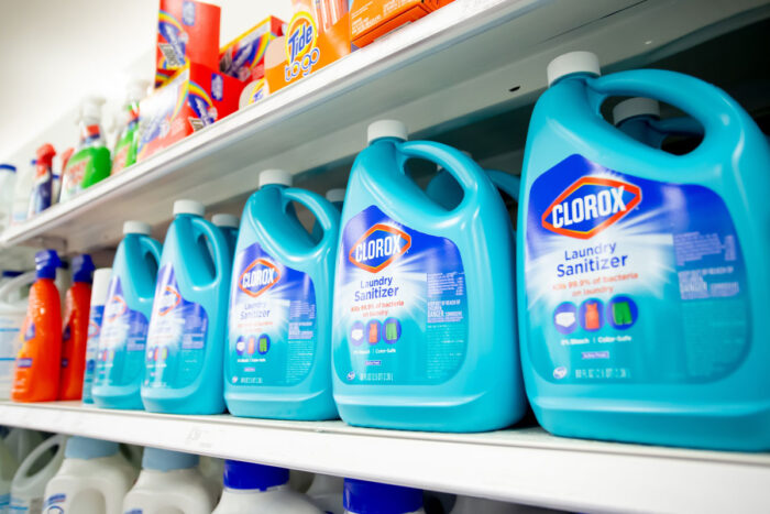 A view of several containers of Clorox laundry detergent, on display at a local department store.
