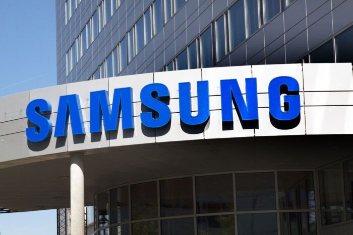 Close up of Samsung signage one exterior of building.