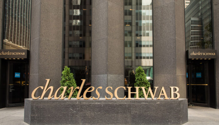 Charles Schwab Office Building Exterior Signs in Midtown Manhattan.