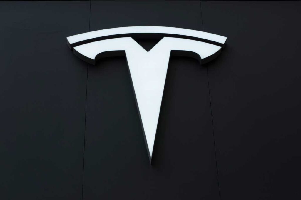 Close up of Tesla signage.
