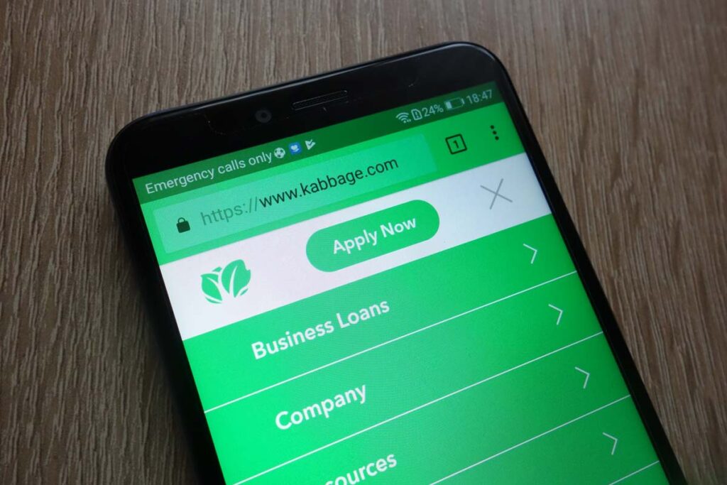 Close up of Kabbage landing page on a smartphone screen - ppp loan