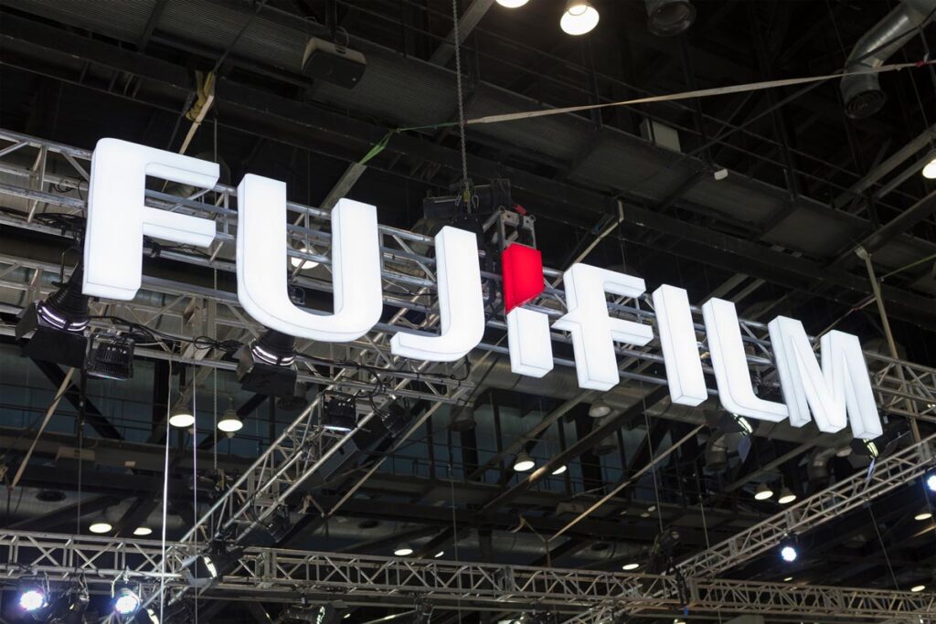 Close up of Fujifilm signage - class action, cameras