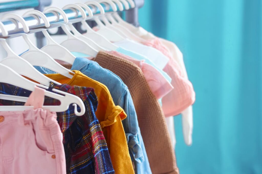 Close up of children's clothes on a clothing rack - children's clothing recall