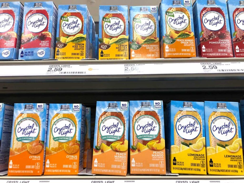 Display of a variety of Crystal Light drink mix.
