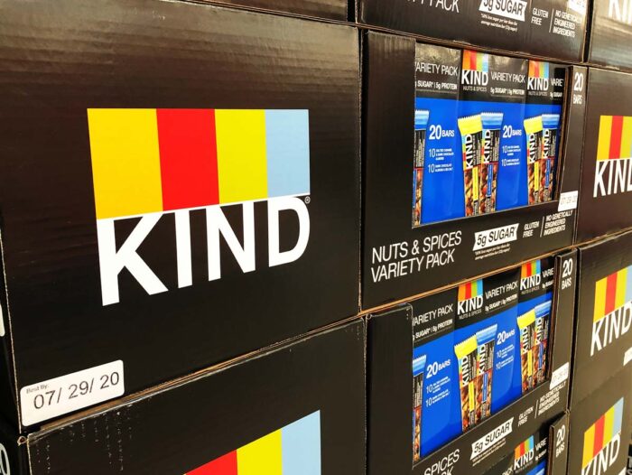 Close up of Kind snack bar display in a grocery store.