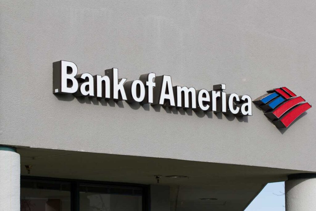 The entrance sign at a Bank of America branch, representing the Bank of America Private Banking Associate overtime collective action settlement.